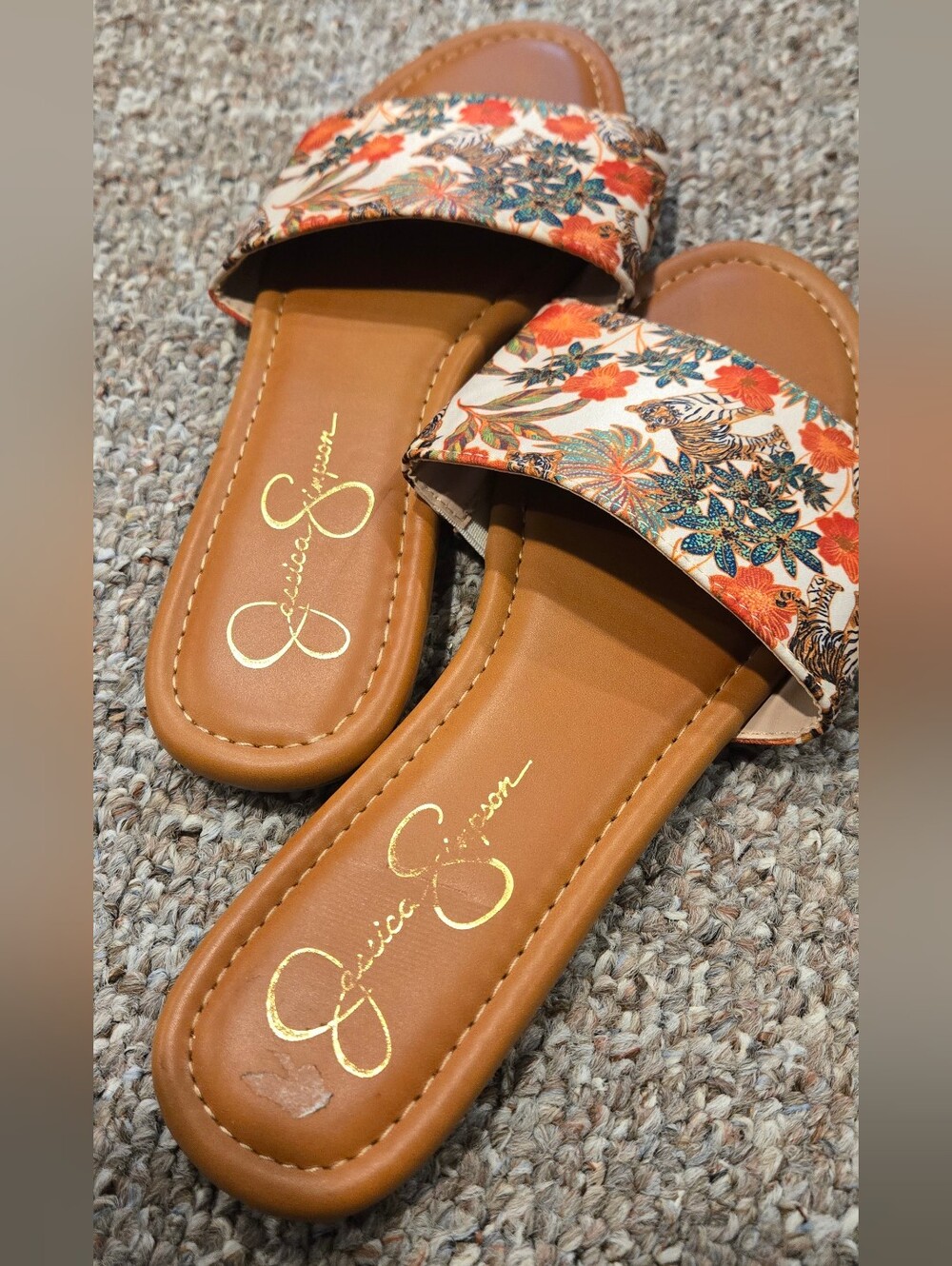 Jessica Simpson Tan Slide Sandals with Orange Floral & Green Leaf Print - Picture 4 of 4